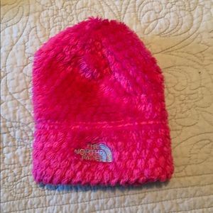 Pink fuzzy north face beanie